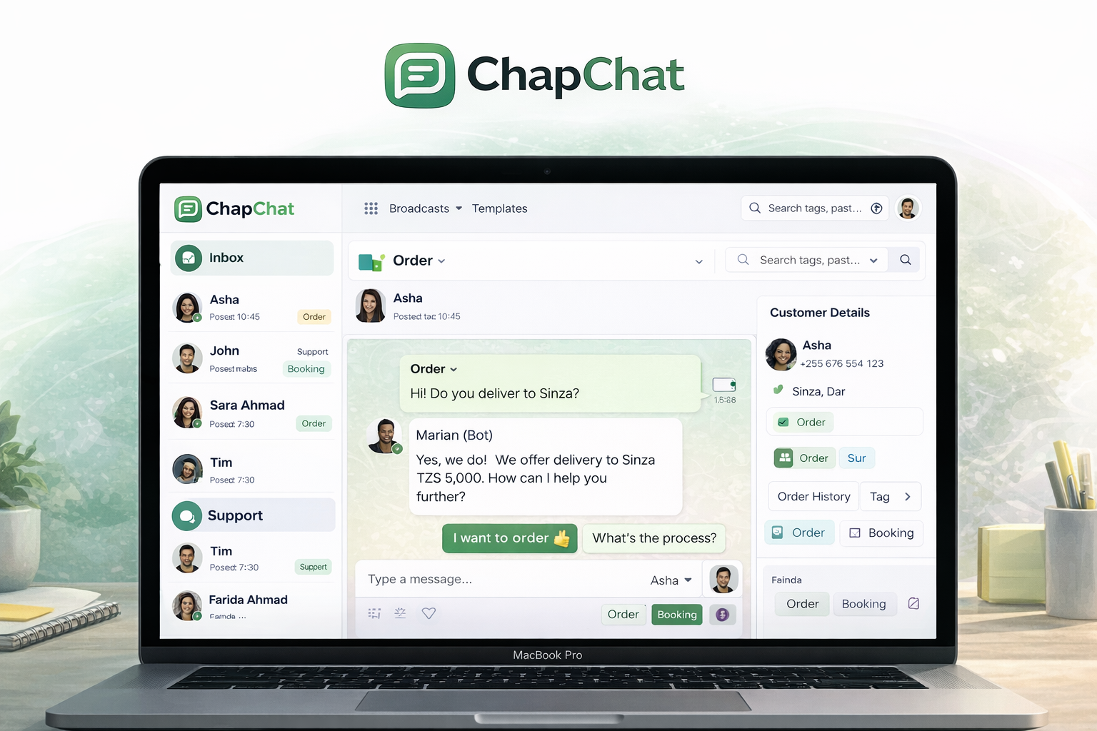 ChapChat dashboard showing the team inbox, conversation view, and customer details panel on a MacBook