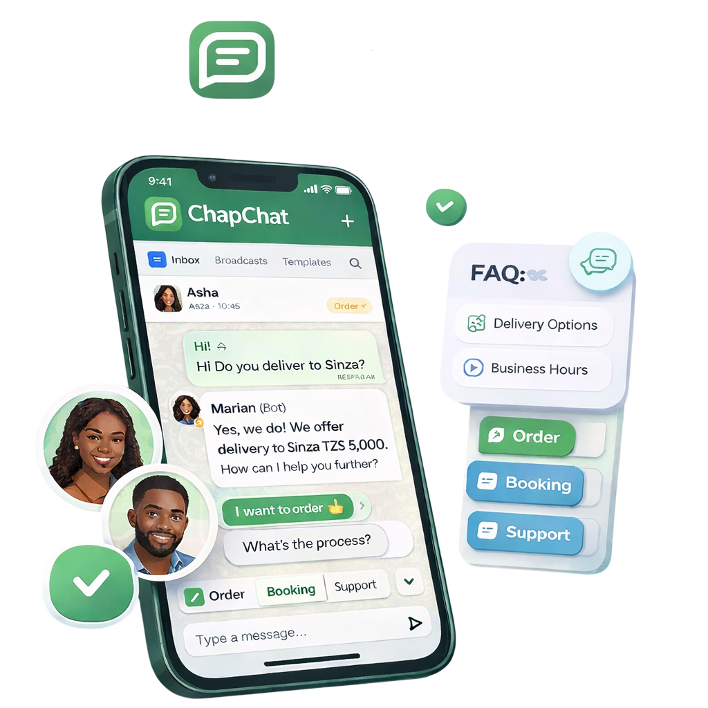 ChapChat mobile app showing WhatsApp business inbox with automated replies, order management, and FAQ features